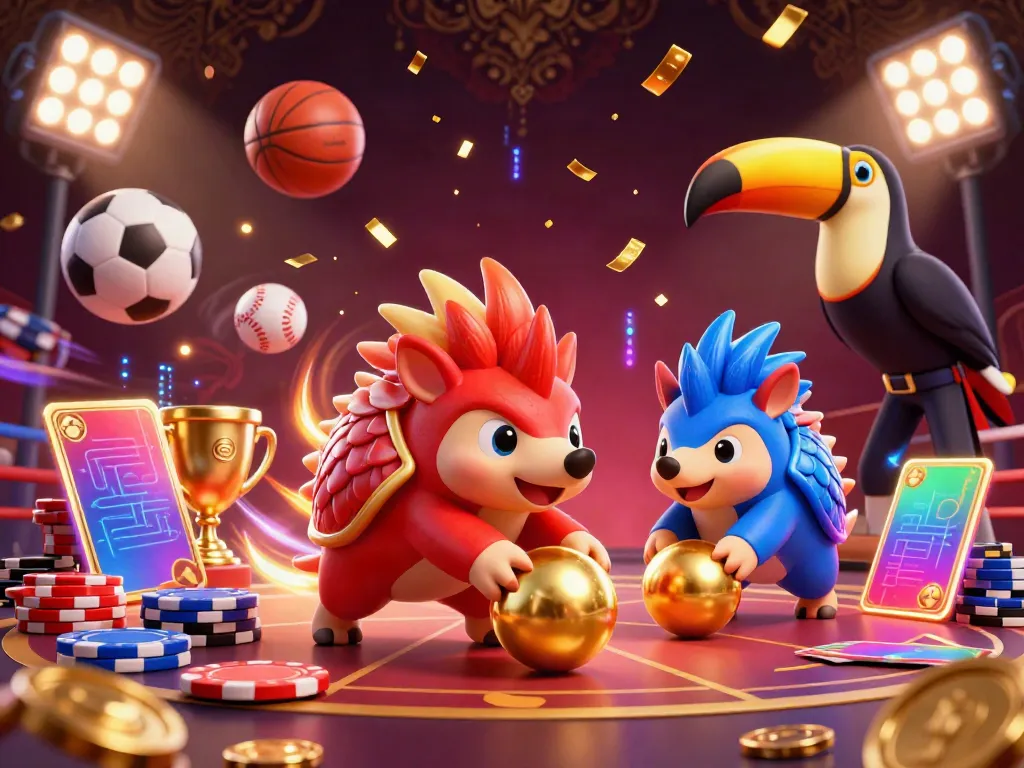 Cổng game febet features vibrant pangolins competing in a colorful casino scene filled with dynamic sports gaming elements.