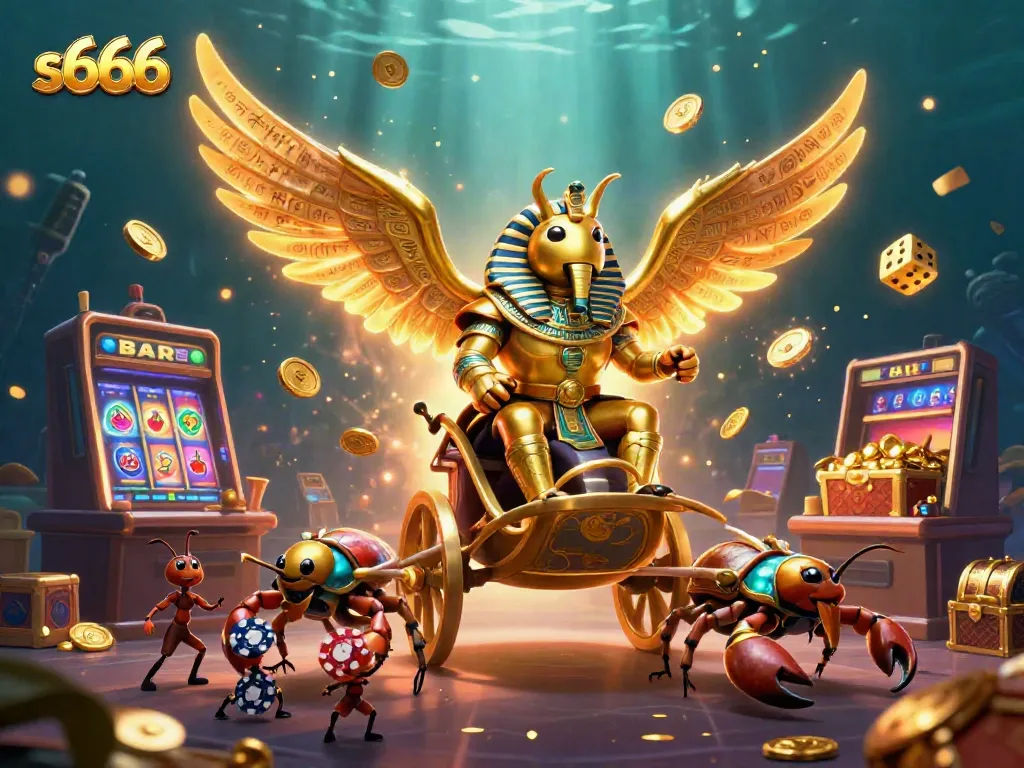 Experience thrilling gameplay at s666, featuring a giant golden scarab and vibrant casino elements.