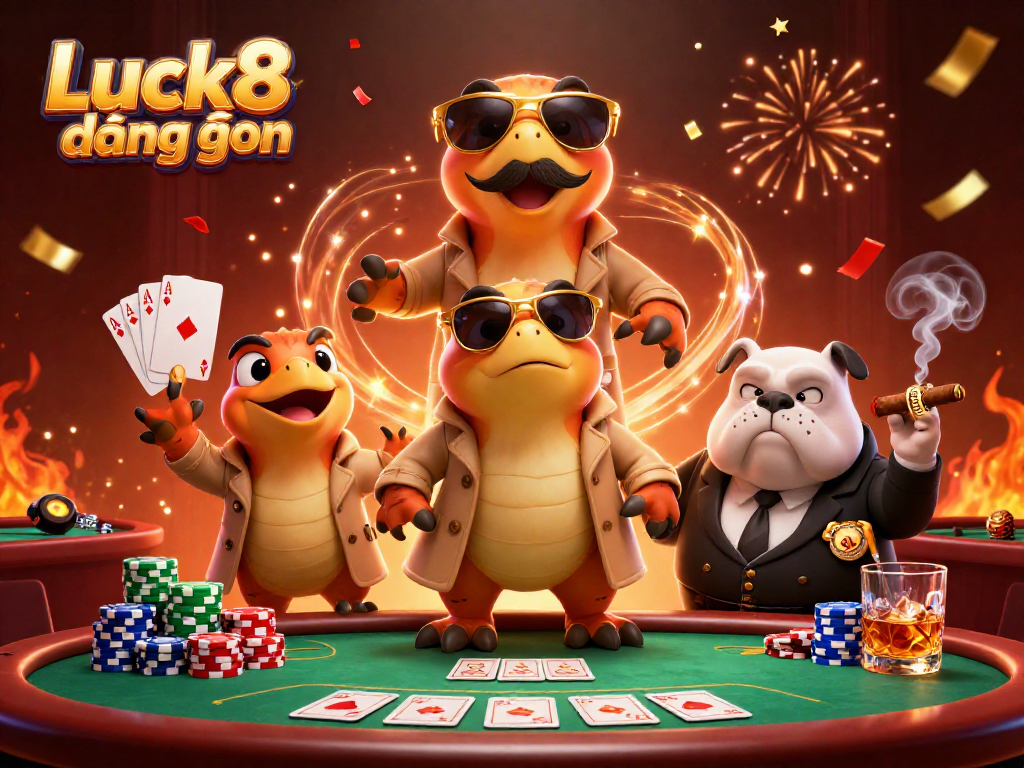 Experience Luck8 đăng nhập in a vibrant casino scene with raptors and a bulldog bouncer.