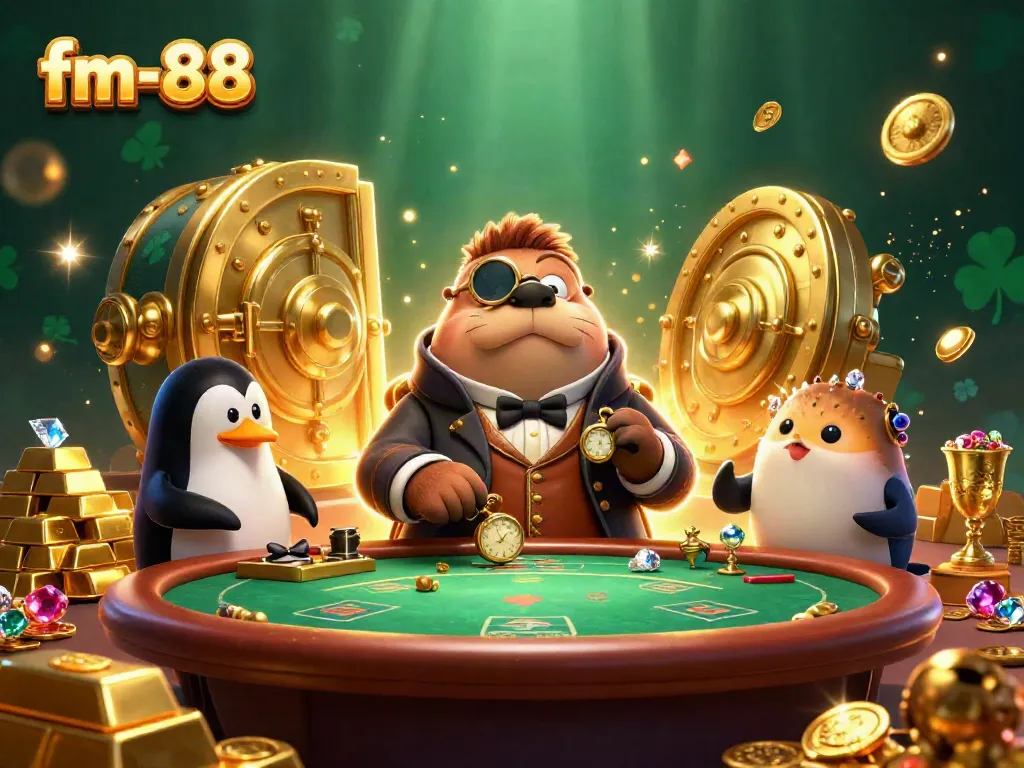 Join the fun at fm-88 with a jolly walrus playing poker amidst treasures and gems in an underwater casino.