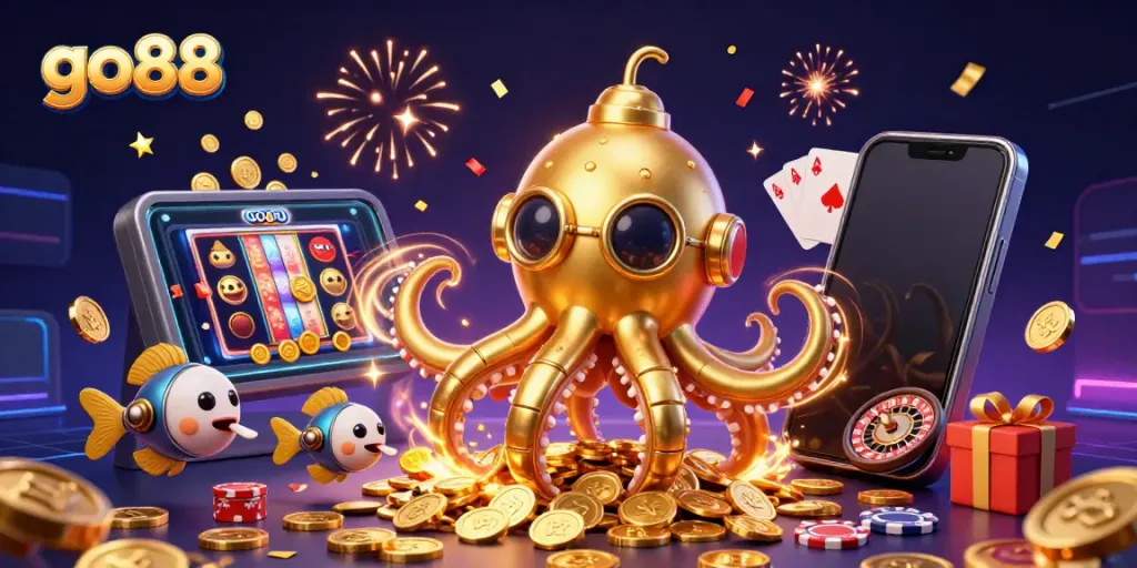 Experience the excitement of go88 with a golden kraken submarine amidst casino treasures and games.