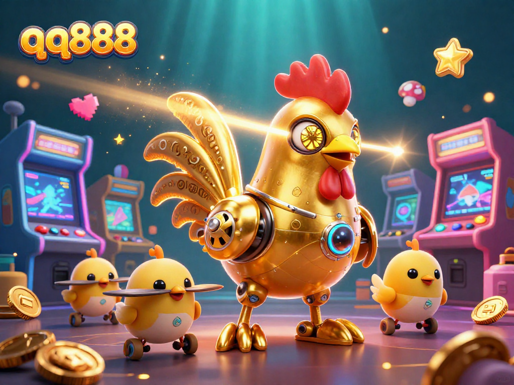 Play with qq888 in this dynamic 3D casino scene featuring a golden rooster robot and arcade games.
