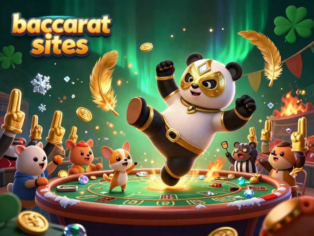 Experience vibrant baccarat sites with a panda and chihuahua in an energetic casino setting.