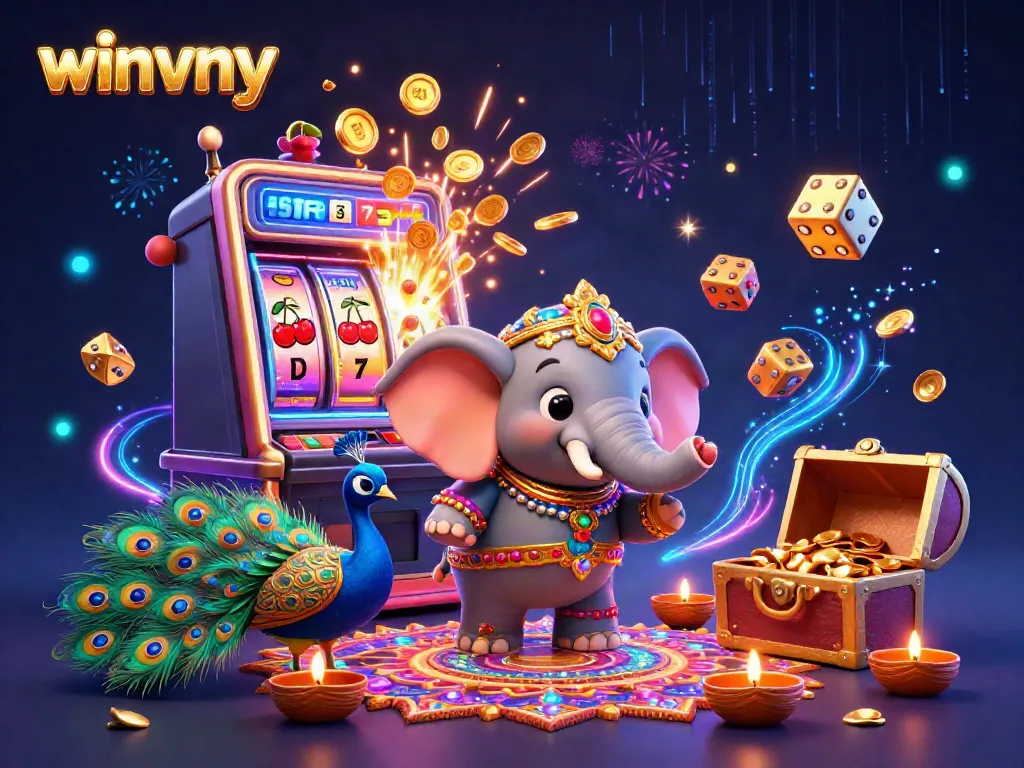Experience the vibrant world of winvny with engaging casino games in a dynamic 3D illustration.