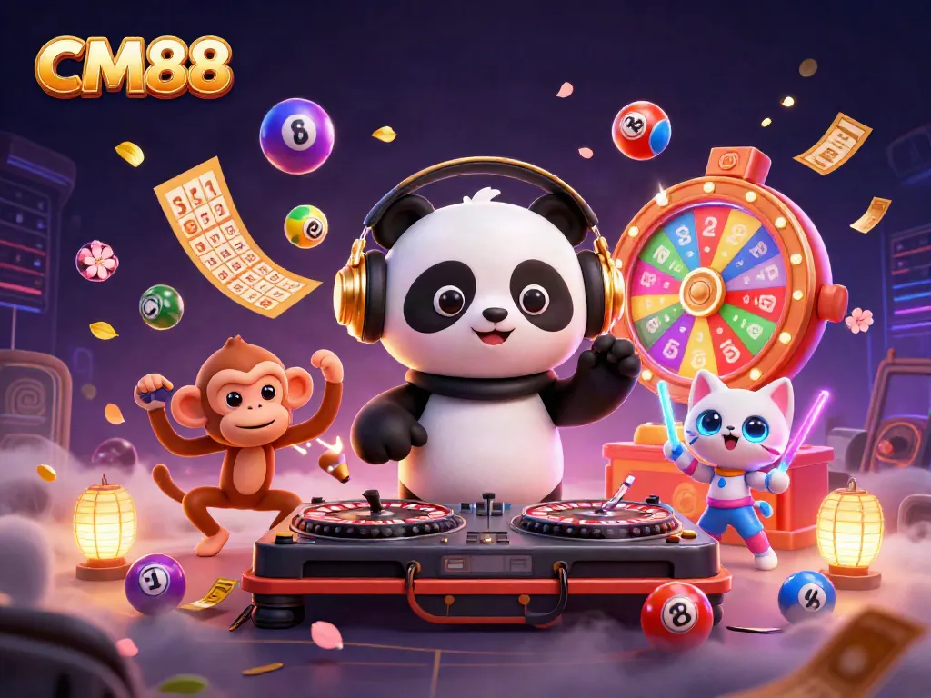 Experience CM88 with a 3D panda DJ at vibrant casino games and lottery elements.