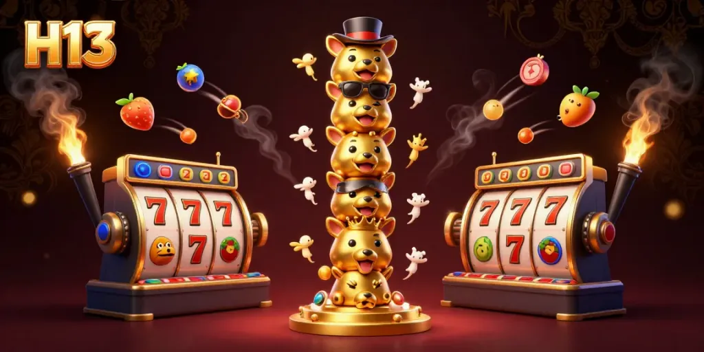 Play and win with H13 in a vibrant 3D casino scene showcasing totem characters and slot symbols