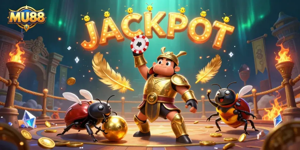 Win big at MU88 with this lively illustration showcasing a victorious beetle and a jackpot celebration.