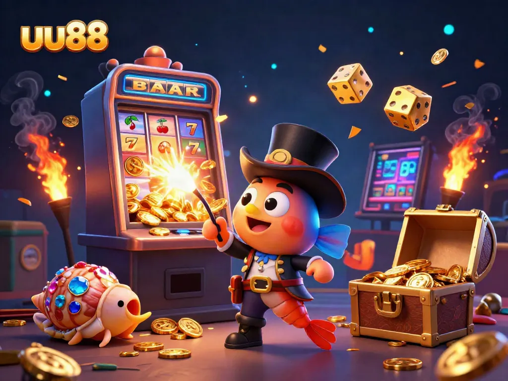uu88's vibrant online casino scene featuring a whimsical anglerfish, pirate shrimp, and jewel-encrusted snail.