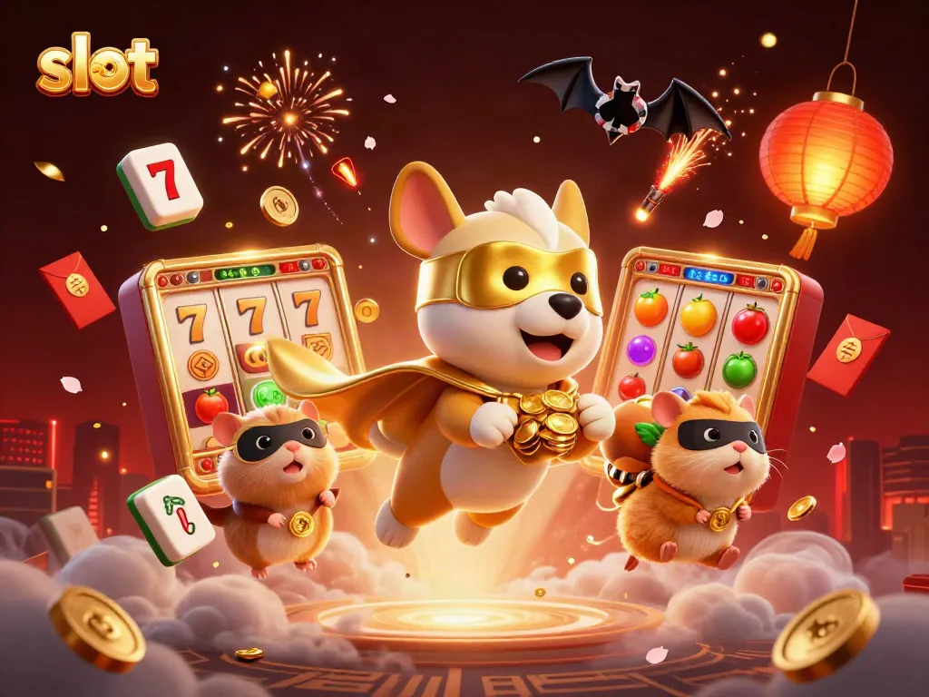 Engaging slot-themed illustration showcasing a superhero dog and hamster in a vibrant casino setting.