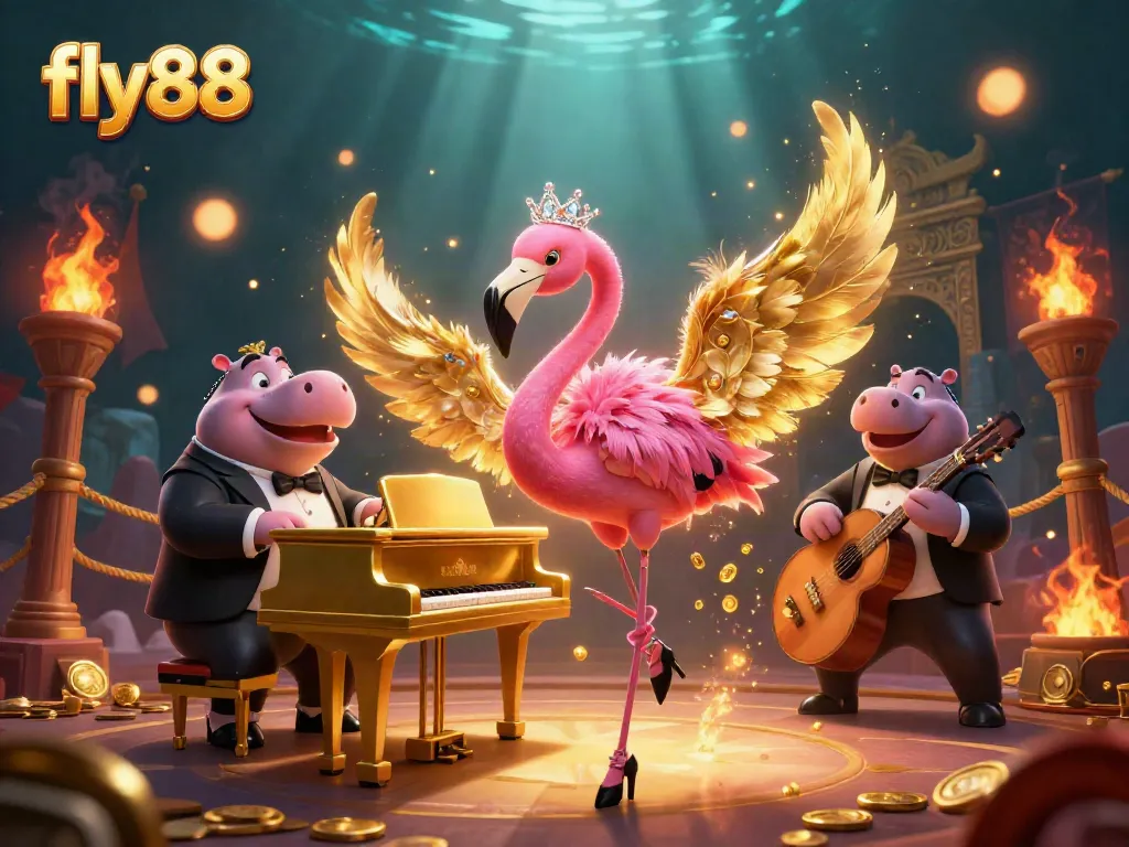 Experience thrilling action at fly88 with a vibrant casino scene featuring a flamingo singer and hippo bassist.