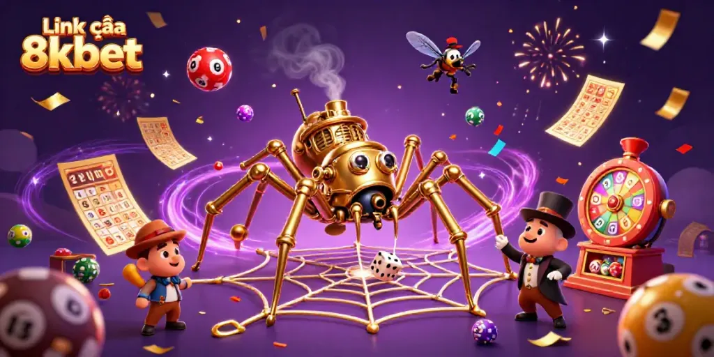 Experience the thrill of gaming with Link vào 8kbet as a steampunk spider catches dice in a colorful web.