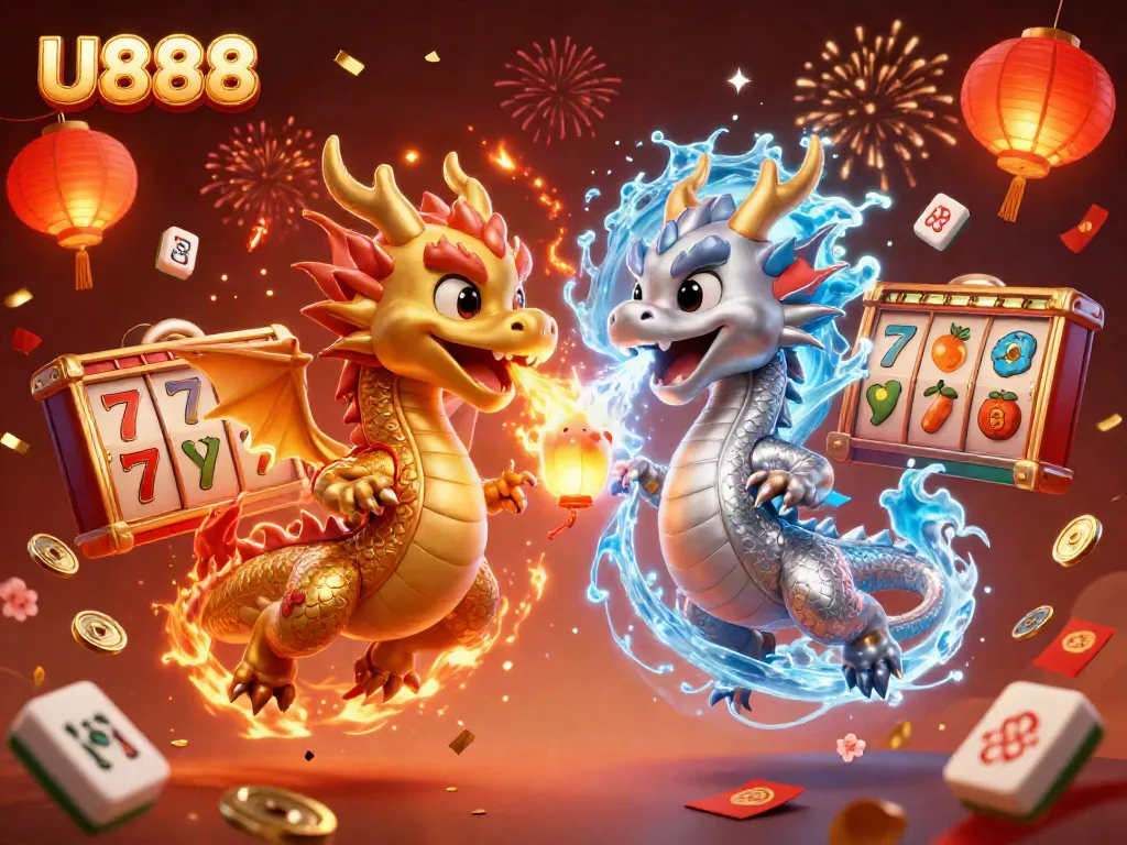 U888 features two vibrant dragons amidst colorful slot game elements and fireworks for a festive feel.