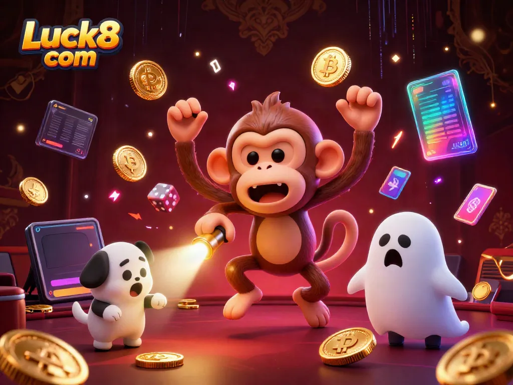 Engage in thrilling casino action with immersive characters at Luck8 com, featuring playful poltergeist monkey and ghost-hunter puppy.