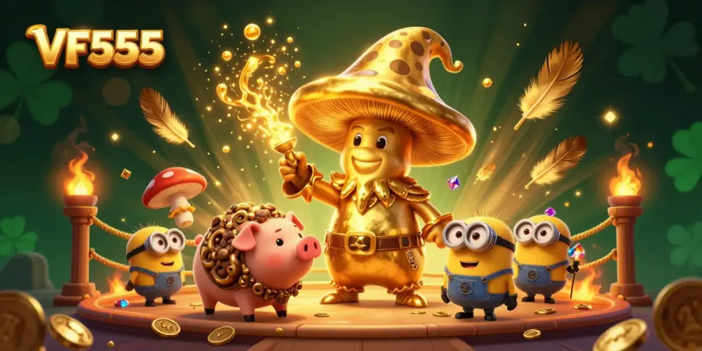 Experience the magic of VF555 casino with a golden wizard and treasures in this vibrant scene.