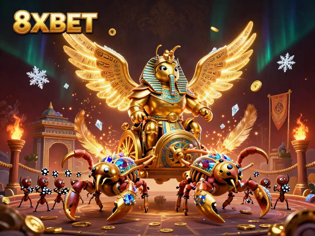 Experience the thrill of 8XBET with a colossal golden scarab beetle in pharaoh armor leading a dynamic betting scene