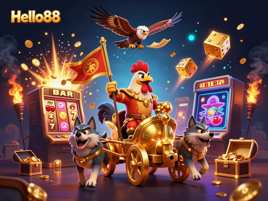 Engage with Hello88's vibrant 3D scene featuring a rooster warlord leading a jackpot explosion in a dynamic casino