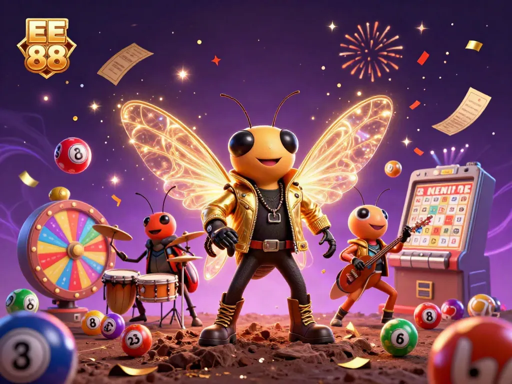 Experience the vibrant energy with EE 88's lively casino scene featuring rock star characters and dynamic game elements.