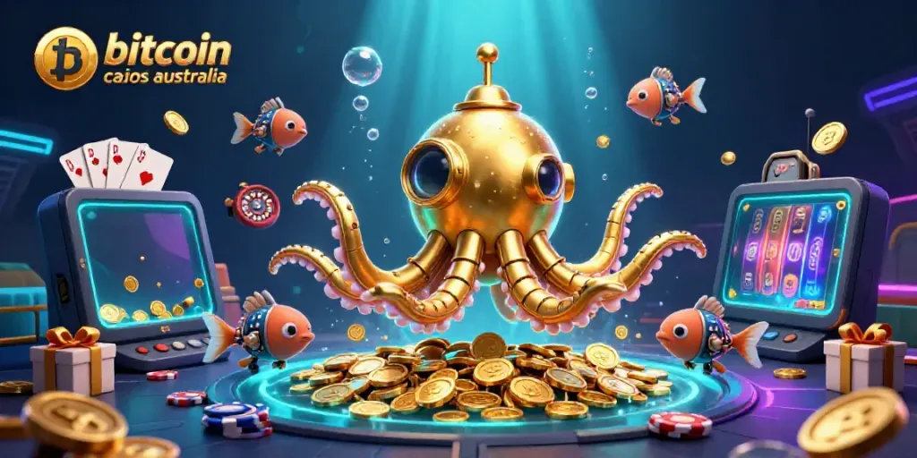Experience the adventure of bitcoin casinos australia with a golden kraken submarine amidst golden coins, slot games, and vibrant visuals.