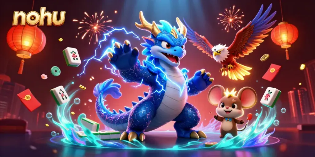 Engage with nohu in an exciting 3D casino festival featuring vibrant characters and gambling elements.