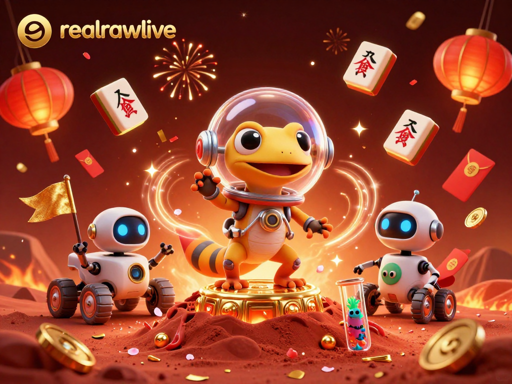 Experience realrawlive with a Martian gecko unlocking a golden casino in a vibrant 3D scene.