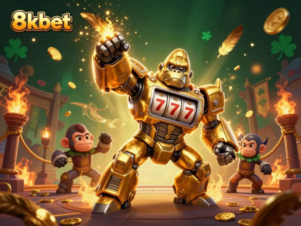 Experience 8xbet's thrilling action with a golden gorilla mech in a dynamic casino setting.