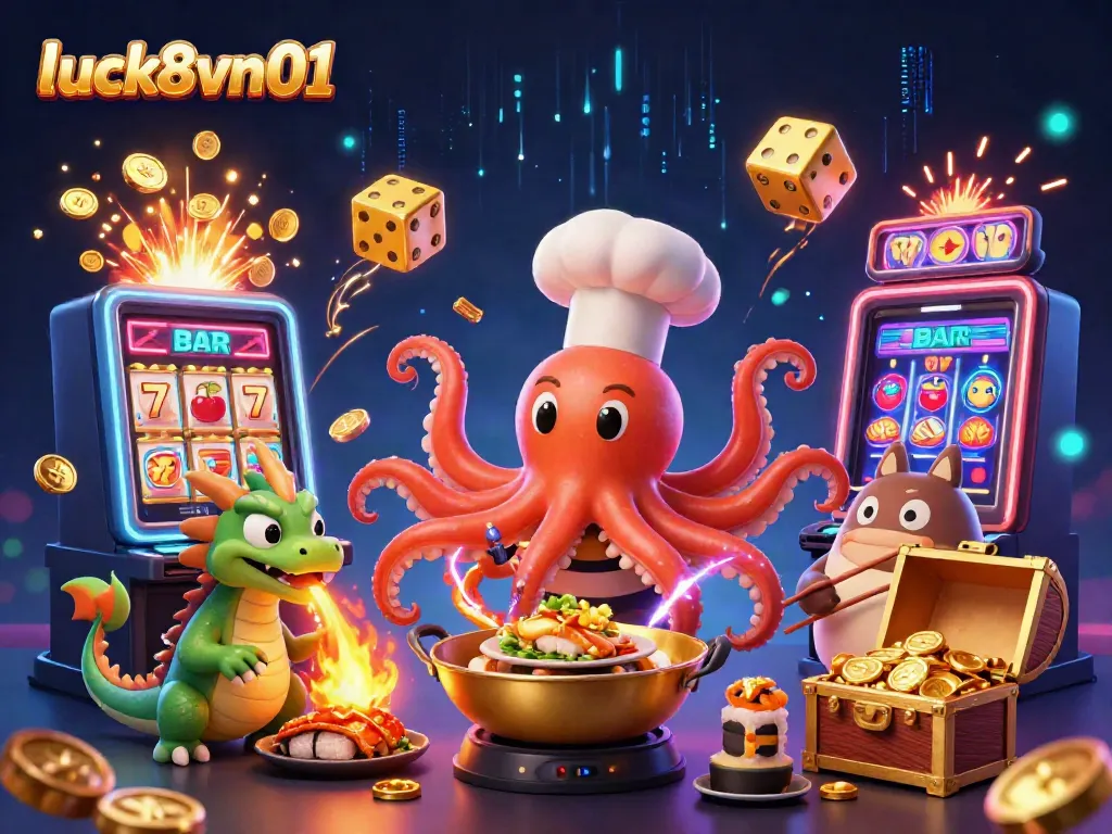 Luck8vn01 showcases a vibrant casino scene with a sushi chef octopus, dragon, and tanuki amid exploding slot machine coins.
