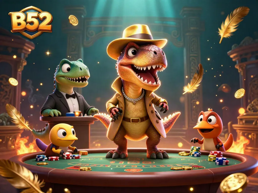B52 blackjack scene with a velociraptor card counter, a suspicious stegosaurus pit boss, and a compy chip thief.