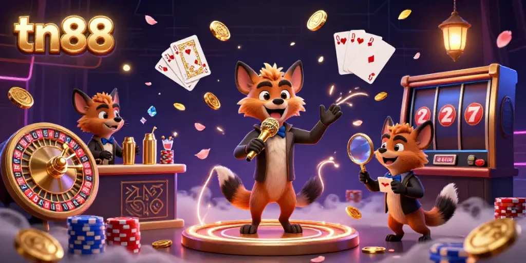 Experience the excitement of tn88's casino with hyena comedians, bartenders, and golden coins flying.