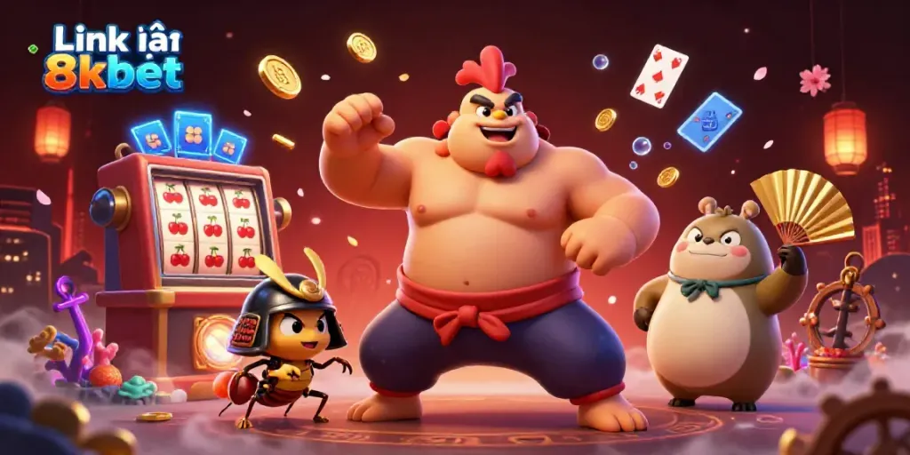 Link vào 8kbet showcases an exciting dynamic scene with a powerful sumo rooster and samurai cricket in a vibrant casino setting.